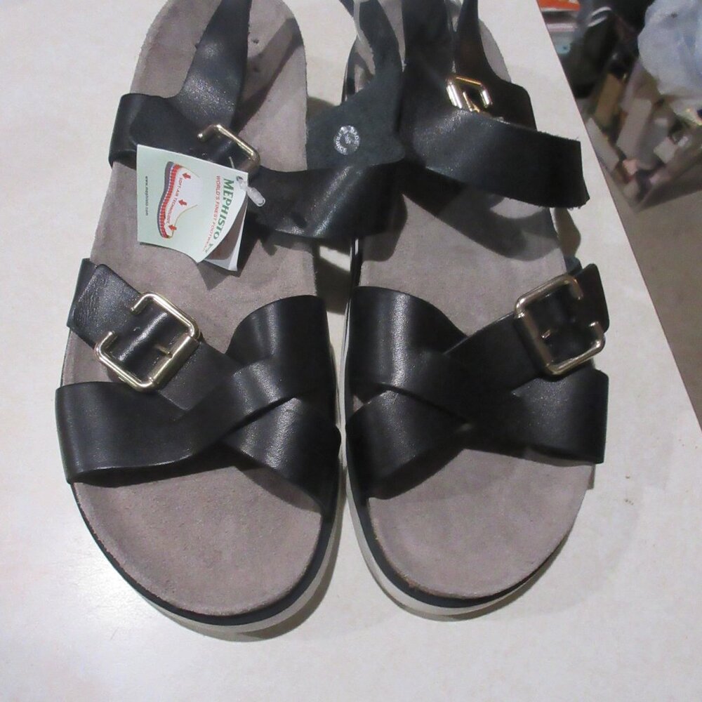 Mephisto Womens modern cork black white  Leather Sandal - nwob  42 - Picture 2 of 6